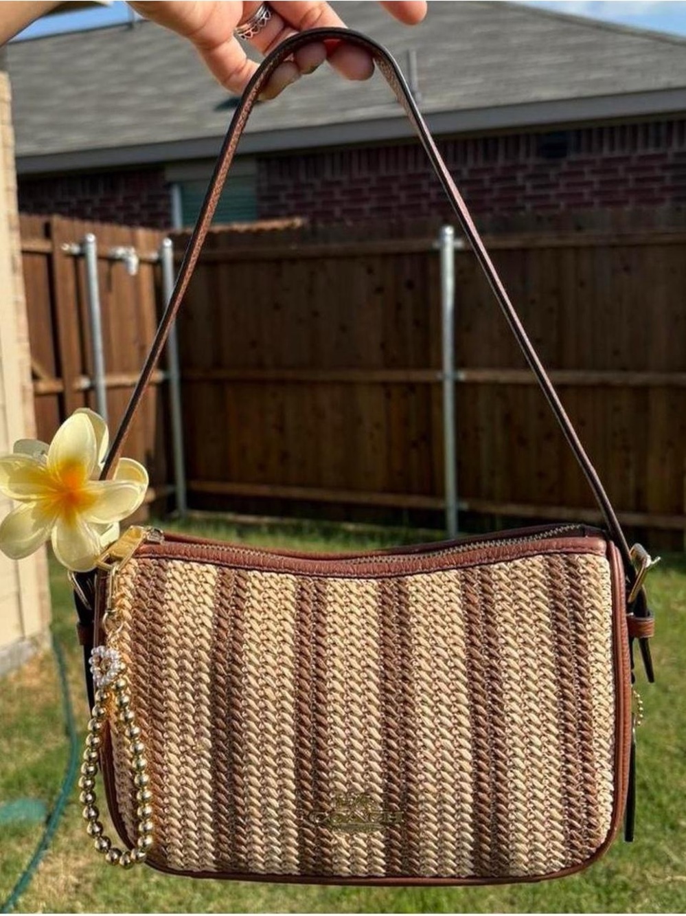 Coach Brown and Cream Woven Shoulder Bag